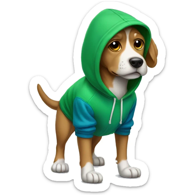 dog wears a blue hat red shoes and a green hoodie sticker