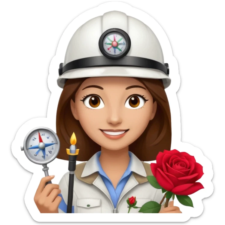 Arquitecta ojos marrones oscuros pestañas pelo marron por los hombros sonrie casco blanco compás y rosa sticker