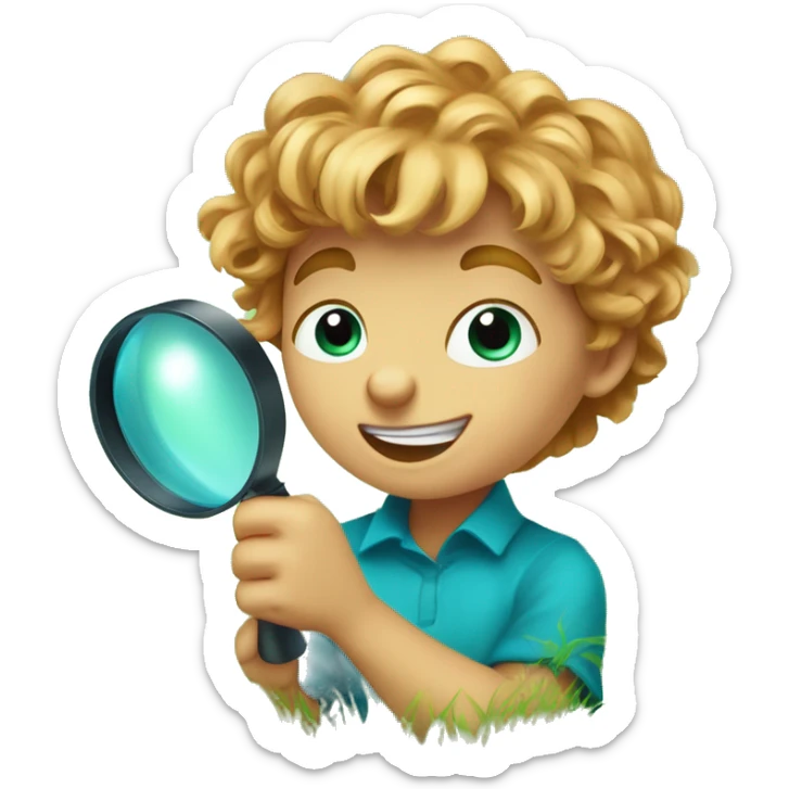 Little boy with blue/turquoise eyes, no glasses, and strawberryblonde slighty wavy hair crouching down low in a lot of green grass. He is holding a magnifying glass, closely examining nature and looking happy/curious sticker