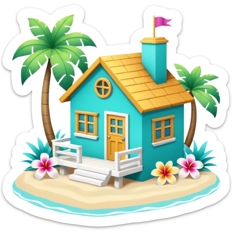cute beach house, turquoise and white, colorful details, tropical flowers, 3D cartoon, mobile game icon style, clean background, no text, no watermark
 sticker