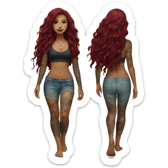 Beautiful tattooed  burgundy long haired woman walking on the beach sticker