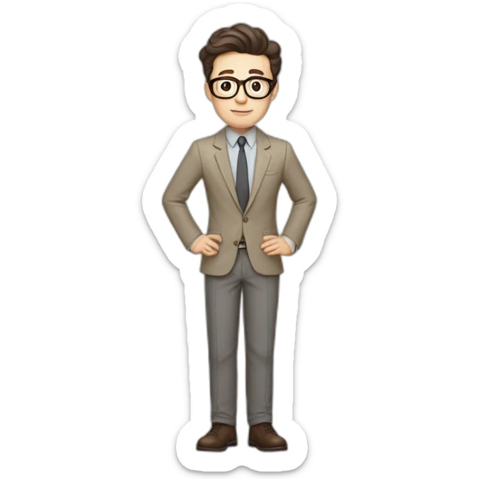 Full height Pale skinned Fit Man With dark brown hair in gray jacket, beige office shirt, tie, Brown pants and vintage glasses. Thrumbs of his palms directed up sticker