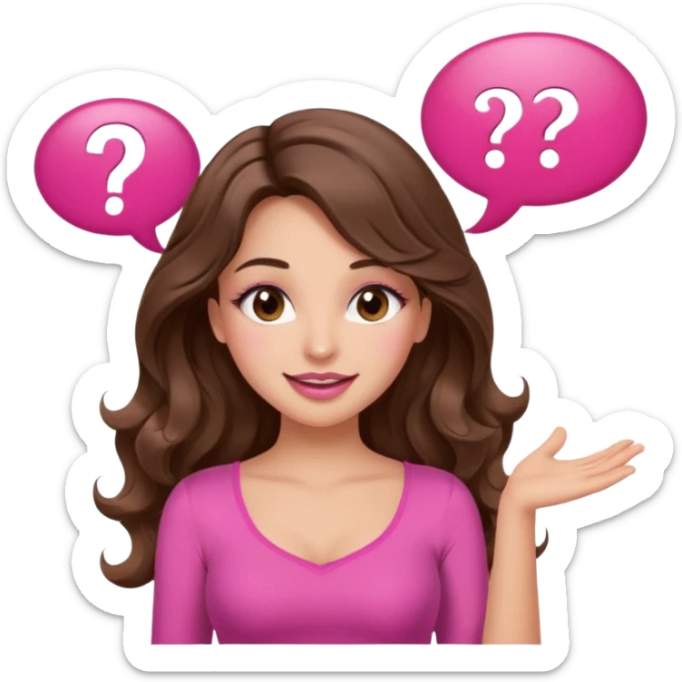 girl with long wavy brown hair, brown eyes, long lashes makeup, sexy pink lips, light to medium complexion, wearing a pink sexy top, shugging, smiling, question mark one speech bubble sticker