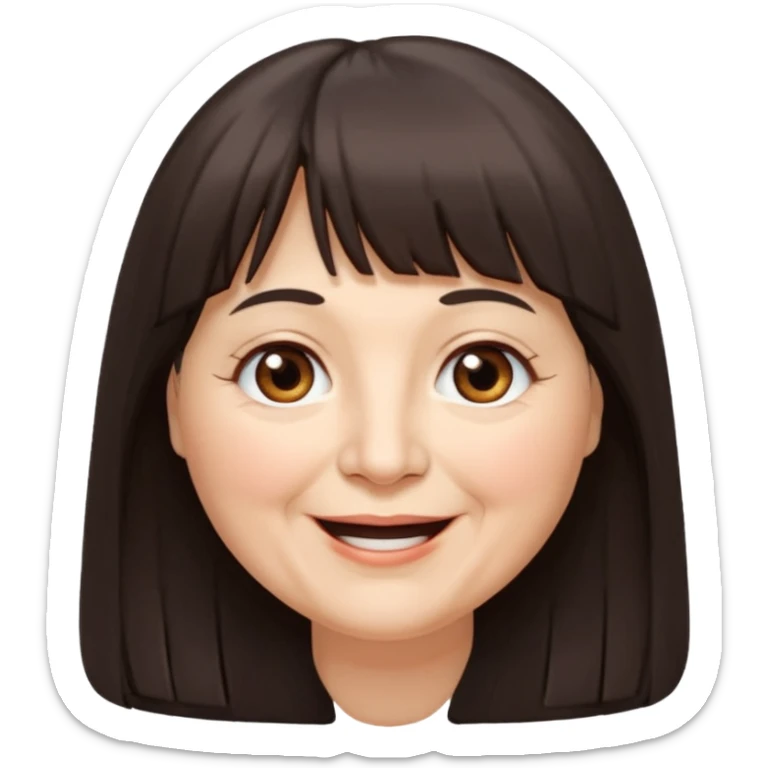 60 yr old woman, long hair down back, very small brown eyes, long hair, straight dark brown hair, bangs, chubby, long face, very tired but happy sticker