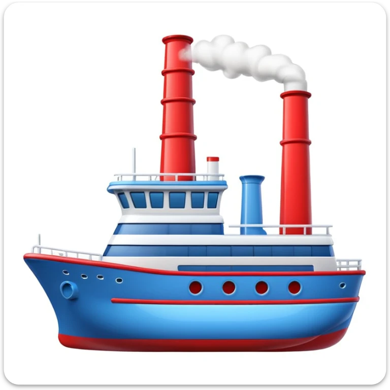 3D Apple-style emoji of a ship with simplified shapes, cartoon-like look, glossy finish, soft shadows, white background, featuring a red smokestack, blue hull, and recognizable windows sticker