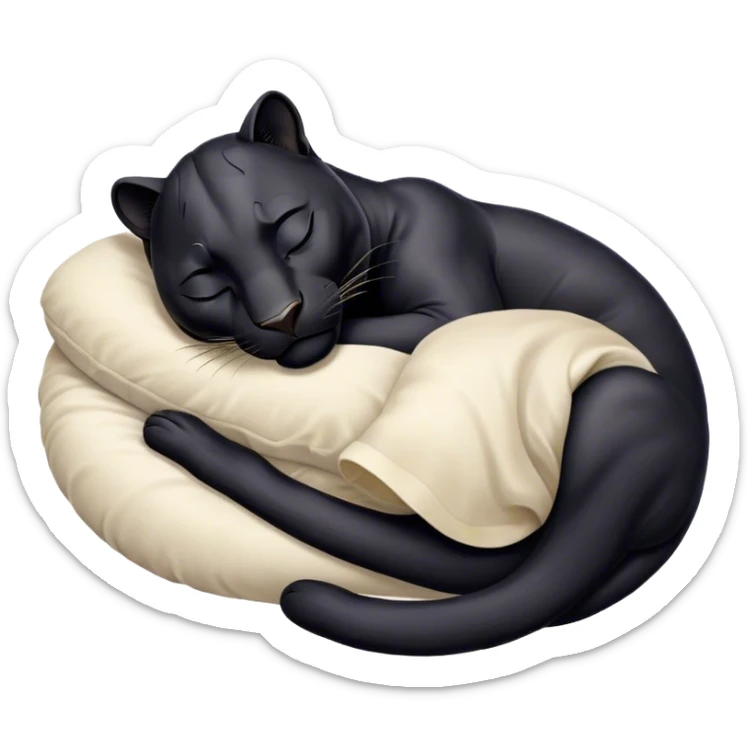 Meme-Worthy cute Sleeping black Panther Portrait Emoji, Head resting peacefully with a contented smile, showcasing a luxuriously sleek form and eyes gently closed in serene slumber, Simplified yet comically adorable features, highly detailed, glowing with a soft, drowsy dark light, high shine, relaxed and utterly lovable, stylized with an air of playful laziness, bright and heartwarming, soft glowing outline, capturing the essence of a sleeping black Panther that feels destined to become the next viral icon of adorable rest! sticker