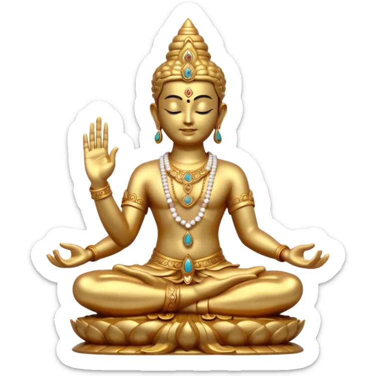 a golden statue of a Hindu deity seated in a yogic posture with one hand in a blessing gesture, adorned with ornate jewelry�. The figure sits on a decorated pedestal, radiating a sacred and traditional aura�. sticker
