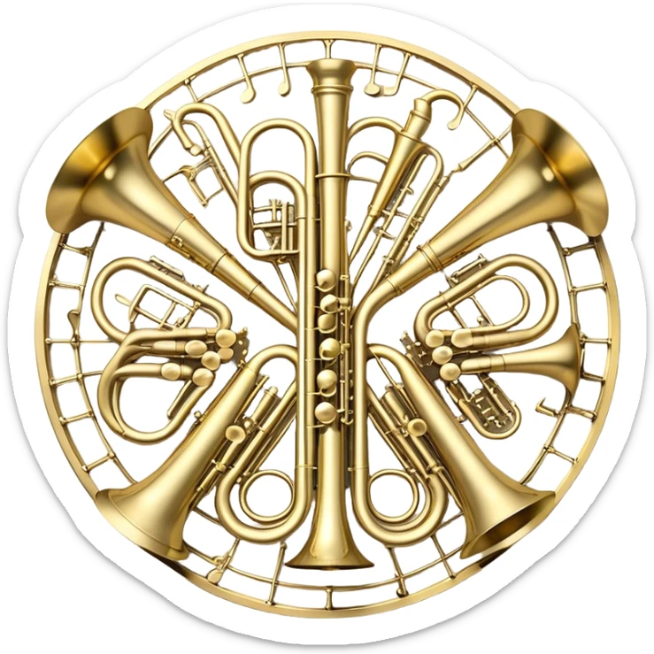 Create a festive and elegant emoji collage featuring a bouquet or fan of brass instrument bells (trumpets, saxophones, trombones, tubes, etc.) arranged in a radiant, symmetrical pattern. The instruments should have polished, golden and silver finishes, with their large, shiny bells forming a beautiful, fan-like display. Include a flowing ribbon of musical notes swirling through the center, conveying movement and melody. The background should feature a deep red velvet texture, adding a touch of luxury and sophistication. The overall composition should be balanced, with an elegant and regal feel, with a transparent background to keep focus on the instruments and musical elements. sticker