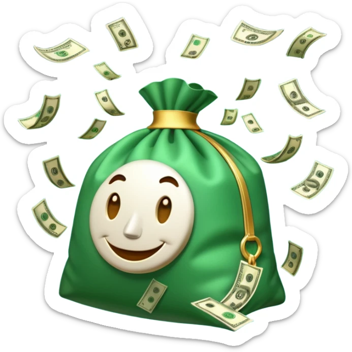 

3D emoji style, big bag of money, flying dollar bills, rich casino vibe, smooth lighting, high detail, clean edges, transparent background



 sticker