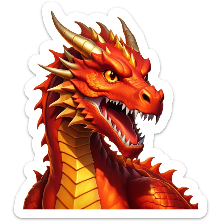 cinematic-noble-fierce-fire-dragon-portrait-emoji,-poised-and-imposing,-with-a-muscular,-scaled-body-ablaze-in-fiery-hues-of-crimson,-molten-orange,-and-molten-gold,-and-intense,-burning-eyes-that-mirror-the-heart-of-a-volcano;-rendered in detail sticker