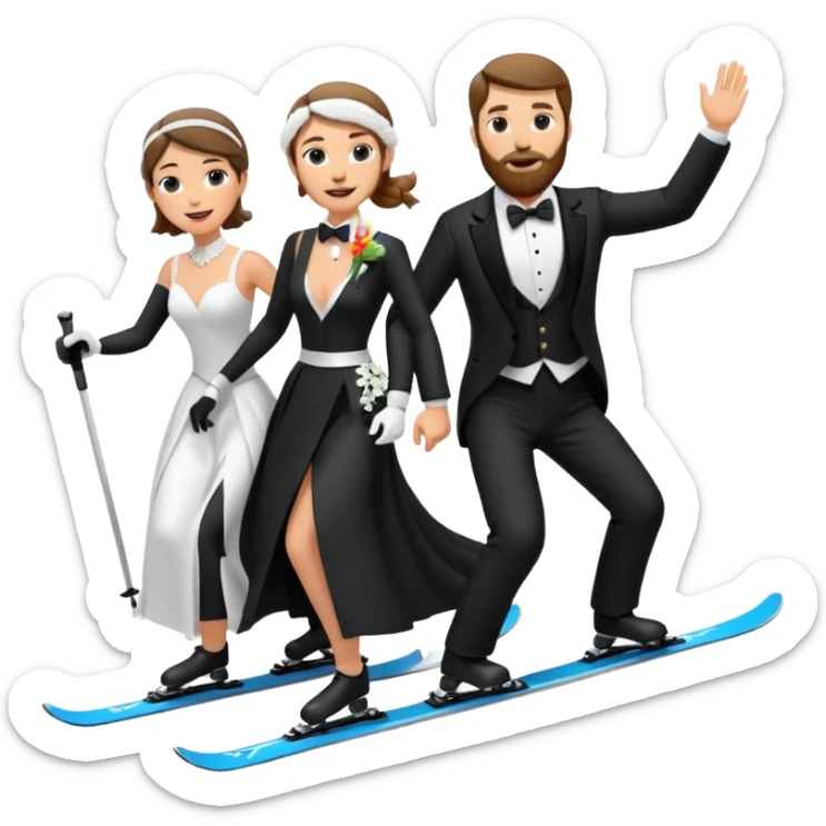 a couple skiing, man with a beard in a tux and woman in a wedding dress on their skiis going down a slope sticker