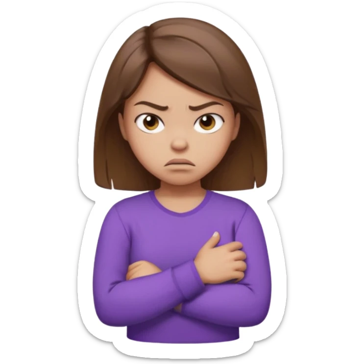 Girl with brown hair crossing arms in front of her chest and making an angry face with a purple longsleeve shirt on and be more pouty make her skin lighter sticker