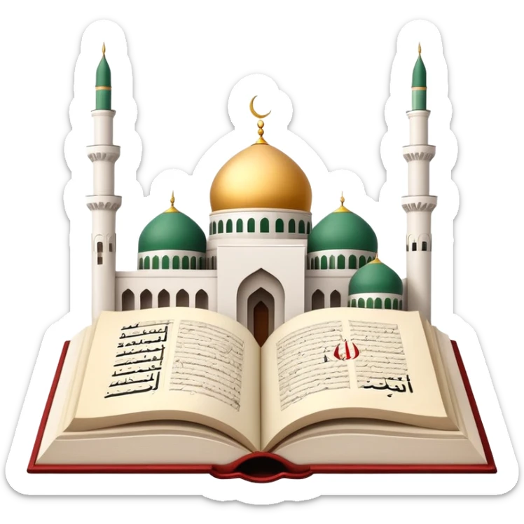 An icon featuring the mosque and the flag of an Arabic-speaking country, symbolizing the Arabic language. The design includes an open book with Arabic script and calligraphy, representing language learning and cultural heritage. Transparent background sticker