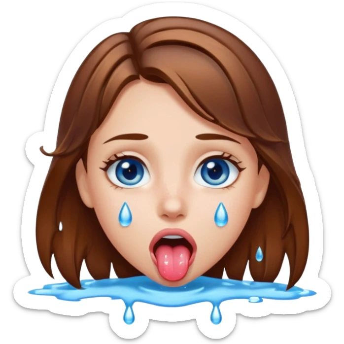 Girl with brown hair, blue eyes, a wet face and her tongue out. Can you make her face more wet sticker
