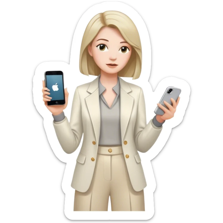 pale skin woman with dark blonde Straightened bob Hair, White Spacious classical jacket, beige palazzo Arrow pants and gray blouse holding white IPhone 14 pro in the hands sticker