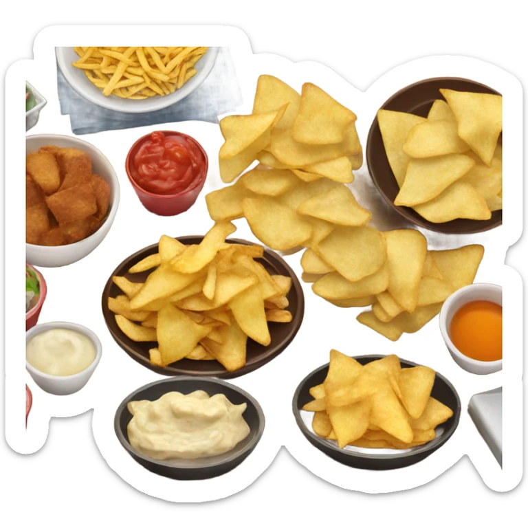 mesa con aperitivos salados papas fritas, nachos, etc sticker