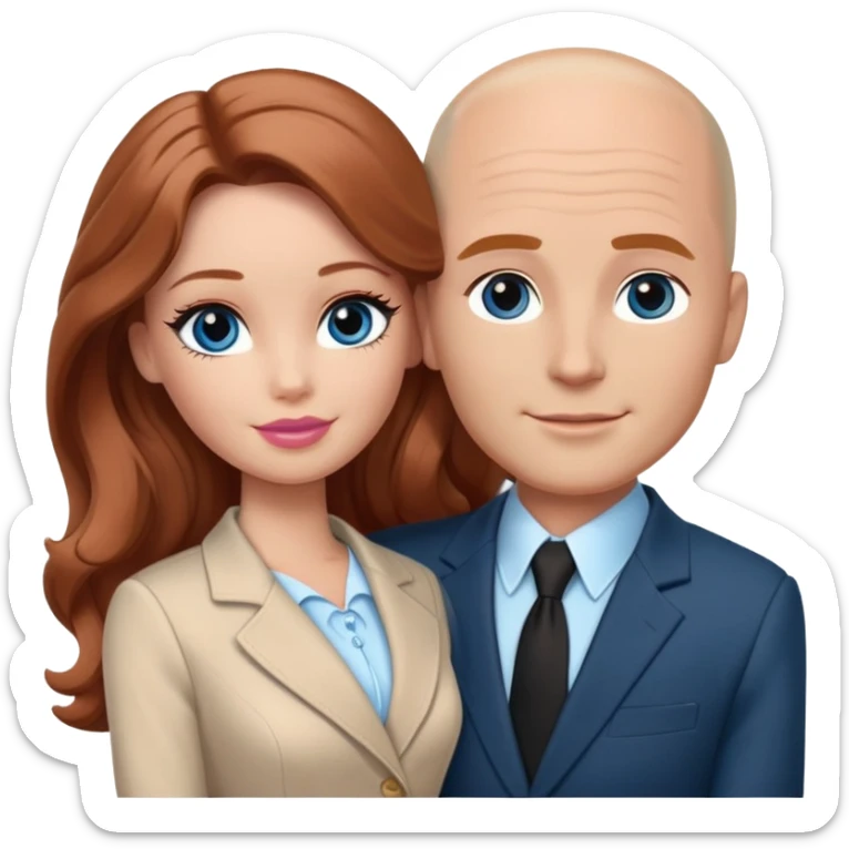 Barbie girl  , eyes blue , Chestnut red long wavy hair In pale beige clothes, Hugs a man with light brown hair bald, brown eyes , and a black suit sticker