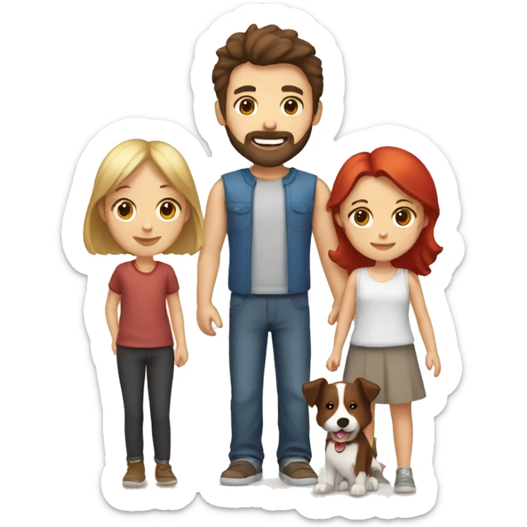 Family formed by a White man with short dark brown hair and beard and a White woman with long brown hair and a boy with blonde hair and a red and white border collie dog sticker