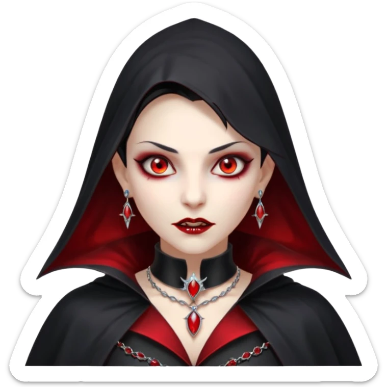 vampire village woman portrait, head and shoulders only, dark gothic cloak collar, sharp fangs, red glowing eyes, elegant yet eerie expression, subtle jewelry, 3D cartoon, mobile game icon style, clean background, no text, no watermark

 sticker