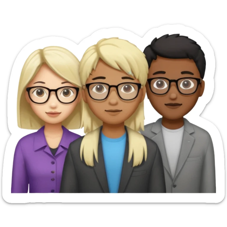 four people. Asian girl, black guy with glasses and dyed blonde hair, indian guy with glasses, asian guy sticker