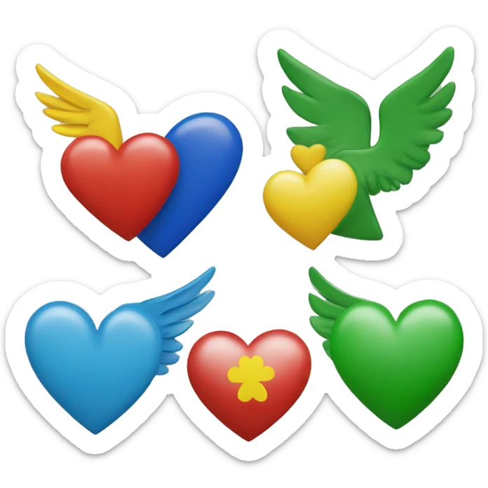 In a row: Yellow heart, green heart, Irish flag, blue heart, wings around red heart sticker