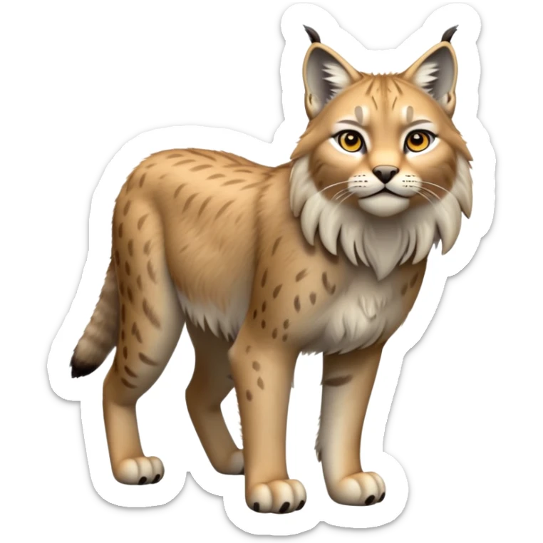 Cinematic-Lynx-Realistic-Full-Body-Standing on all fours-Emoji – head tilted dramatically, fur with faint spotting, long legs and large paws poised elegantly, simplified yet realistic focused features, highly detailed, glowing with an almost sarcastic glow zoomed out showing fluffy shoulders sticker