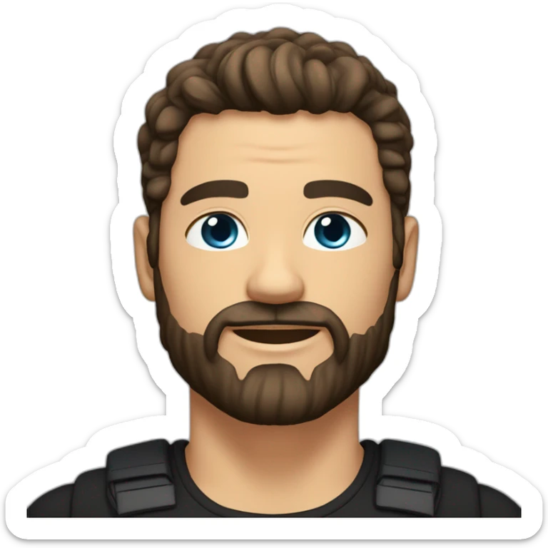 White man with a slight sun kissed tan, blue eyes and dark brown hair. He has a beard and mustache trimmed. Wears black clothing and wears his hair styled sideways backwards. sticker