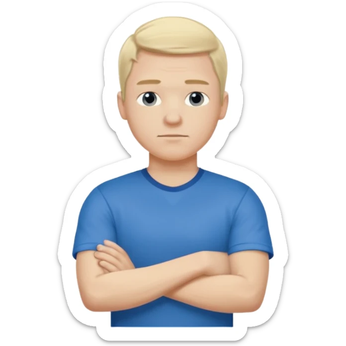 Pale blond man in blue football t shirt crossed arms (he is cold) sticker