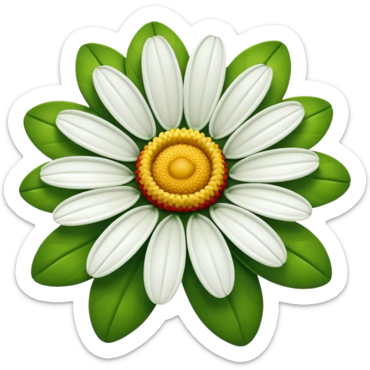 A fifteen-petalled daisy with green, red and white petals and a yellow centre.
Only the face of the daisy should be visible. sticker
