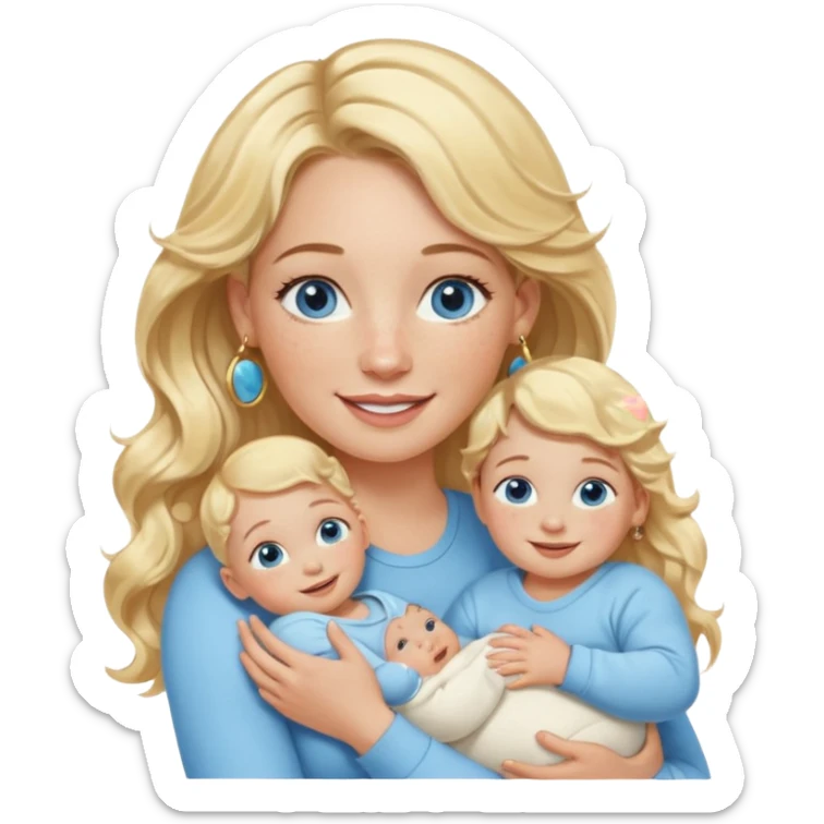 Wavy blonde, white woman with blue eyes, freckles hoop earrings, holding babies smiling and really cute in gold hoops she needs to be holding three newborns, and she needs to be more cute than pretty sticker