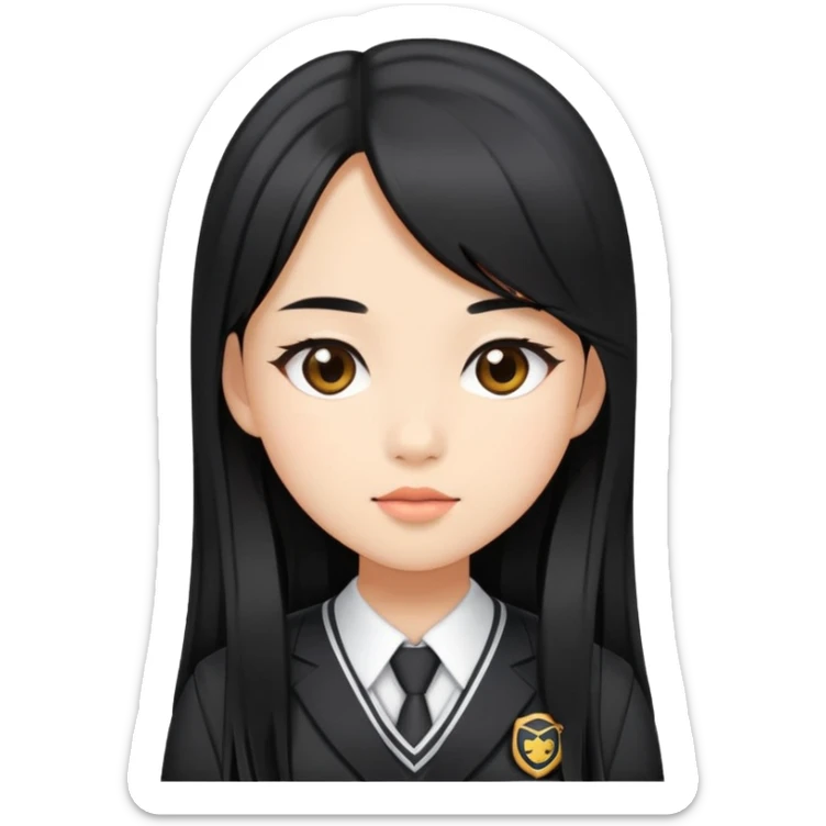 trendy schoolgirl with Asian skin, straight black long hair, chic uniform sticker
