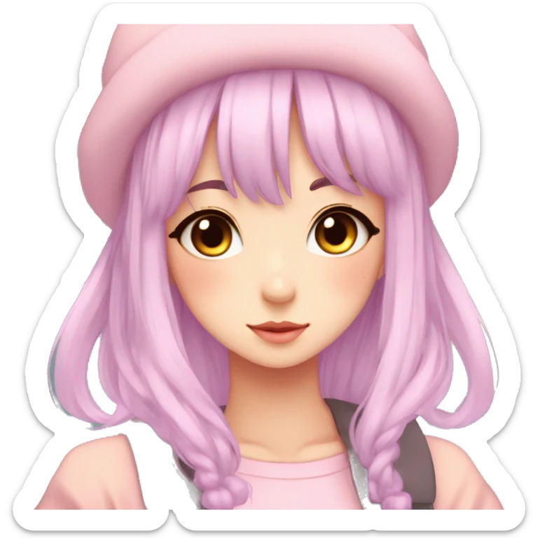 Gorgeous pastel anime girl with blushing face and hair garnitures and pretty hair and a beanie aesthetic trending style sticker