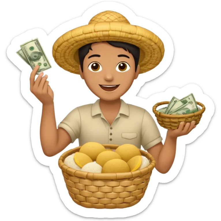 basket overflowing with money, and a very happy person ridiculously throwing money around with one hand and eating a colombian arepa with the other sticker