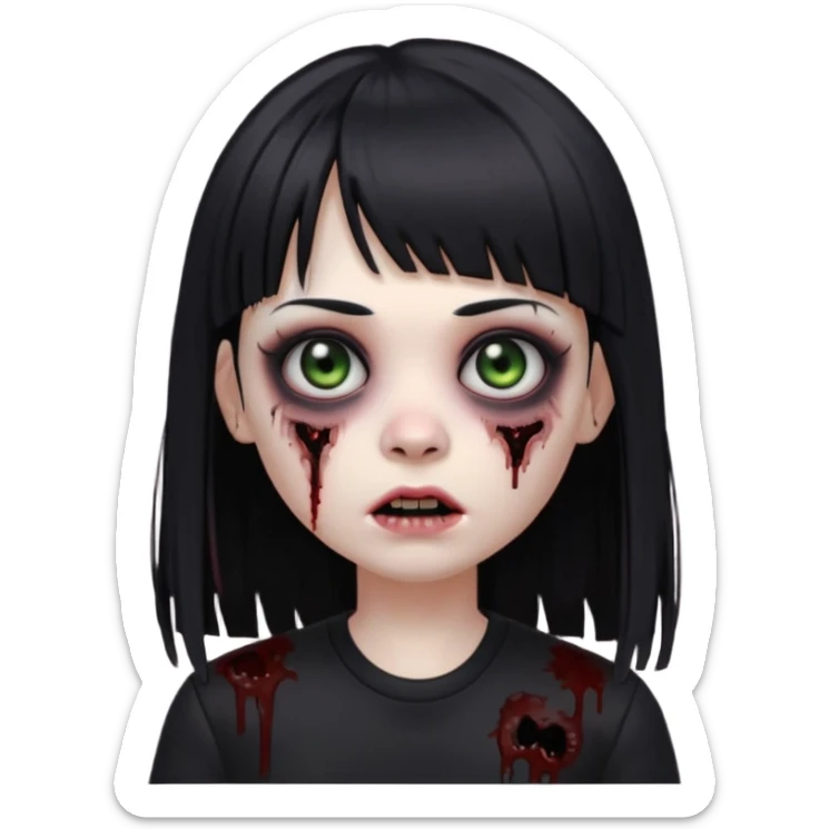 uma garota gotica zumbi no formato Memoji da apple com o cabelo cumprido, preto liso e com franja, blusa preta, olhos pretos  sticker