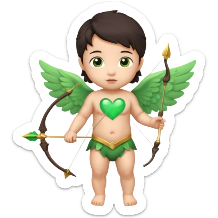 cupid asian baby flying full body with wings with brown eyes and dark hair handled bow and arrow directed to green heart and looking to heart sticker