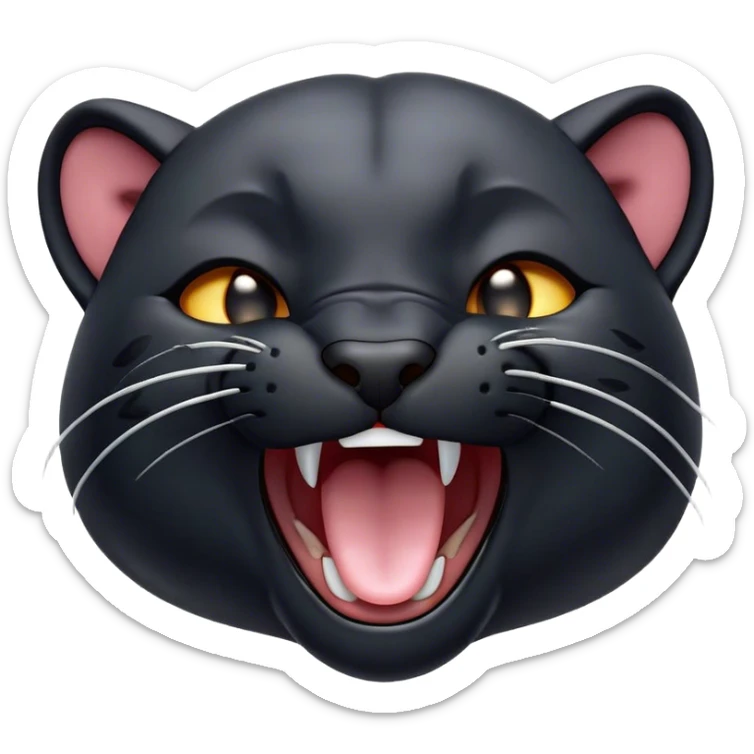 Cinematic Cute Yawning Panther Portrait Emoji, Head tilted slightly with a dramatic, wide-open yawn, showcasing a sleek, shadowy form with drowsy, half-closed eyes and a relaxed, open expression, Simplified yet irresistibly adorable features, highly detailed, glowing with a soft, cozy dark glow, high shine, relaxed yet expressive, stylized with a dash of whimsical elegance, soft glowing outline, capturing the essence of a drowsy yet affectionate jungle guardian that appears ready to stretch out for a nap! sticker