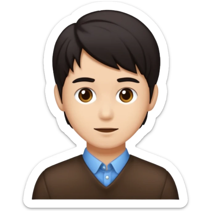 Emoji iPhone seorang pria dengan rambut hitam, dengan poni, mengenakan atasan jas berwarna coklat kehijauan , mata gelap  sticker
