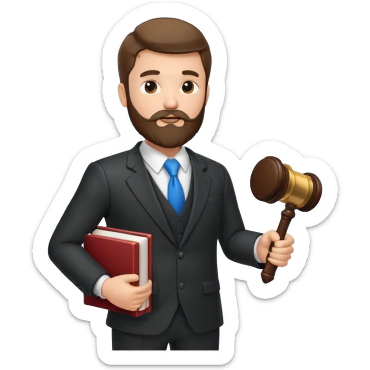 Create a male lawyer. he is wearing a fromal suit jckeret. He is holding a gavel in one hand and a book tucked under his another arm. He has beard  sticker