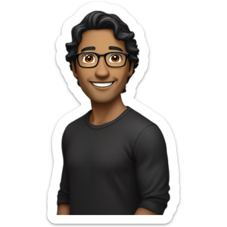 Caramel smiling man, dark brown eyes, black long wavy hair, no facial hair, thin and long nose, round glasses, black t shirt sticker