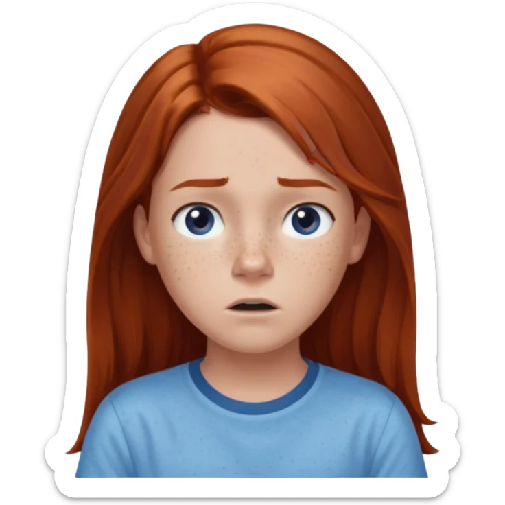 shrugging confused emoji tween long auburn hair light blue shirt with a darker blue L sticker