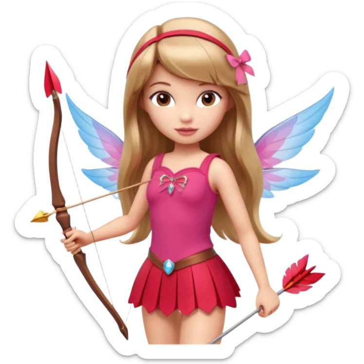 Hada sexy cupido pequeña  de cabello largo lacio castaño claro con flequillo y ojos cafés  vestida de top y falda roja y con arco y flechas cabello lacio labios rosas tipo Barbie pero en hada cupido sticker