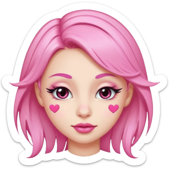 “Emoji girl, pastel pink streaks in hair, bold winged eyeliner, heavy blush on cheeks and nose bridge, under-eye hearts, glossy pink lips, playful smirk.” sticker