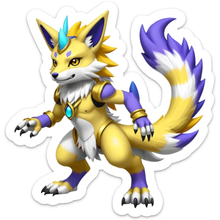 Shiny colorful cool legendary furry WereGarurumon-Renamon-fusion-hybrid-fursona-protogen-creature (full body sticker