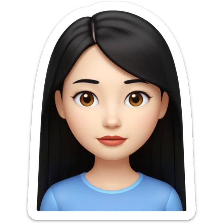 A cute 3D female emoji avatar, smooth skin, long straight black hair, glossy lips, soft lighting, minimal background, beauty branding style, high quality, Pixar style, front view, symmetrical face, clean and elegant sticker