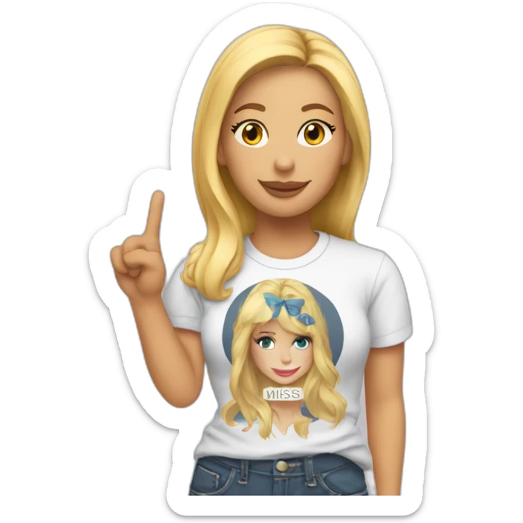 A blonde making the peace sign and wearing a t-shirt with the text "Miss Bourbon" sticker