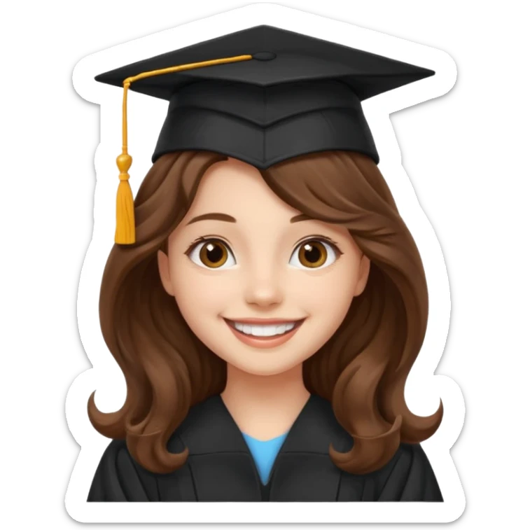 Graduated Students, Cheerful girl, long brown wavy hair, wearing graduation cap sticker