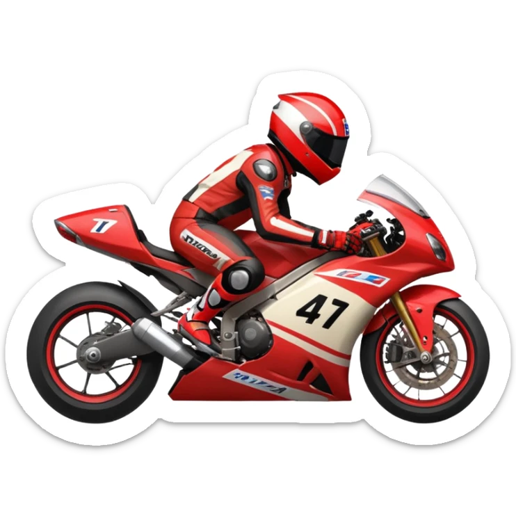An anime style MotoAmerica racer racing his black with red accents motorcycle. His knee is dragging on the ground as the bike leans over and he has a slightly cartoonish larger red and black helmet.  sticker