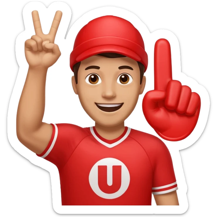 A cheerful man in a team jersey, waving a giant red foam finger high with an excited grin. sticker