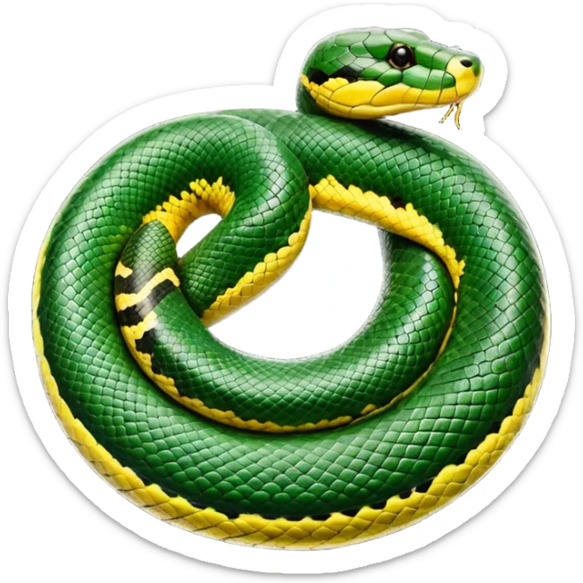 A photo-realistic top-down view of a Green Anaconda tightly coiled in a spiral, with its broad, flat head resting at the center. Its thick, muscular body is olive-green and covered in symmetrical, bold black oval spots that stand out against its smooth scales, creating striking natural camouflage. sticker