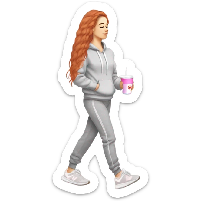 beautiful fair skin red orange long hair white girl light grey sweatpants light grey hoodie Ugg shoes beautiful girly full body walking headphones side profile with a pink straw drink cozy sticker